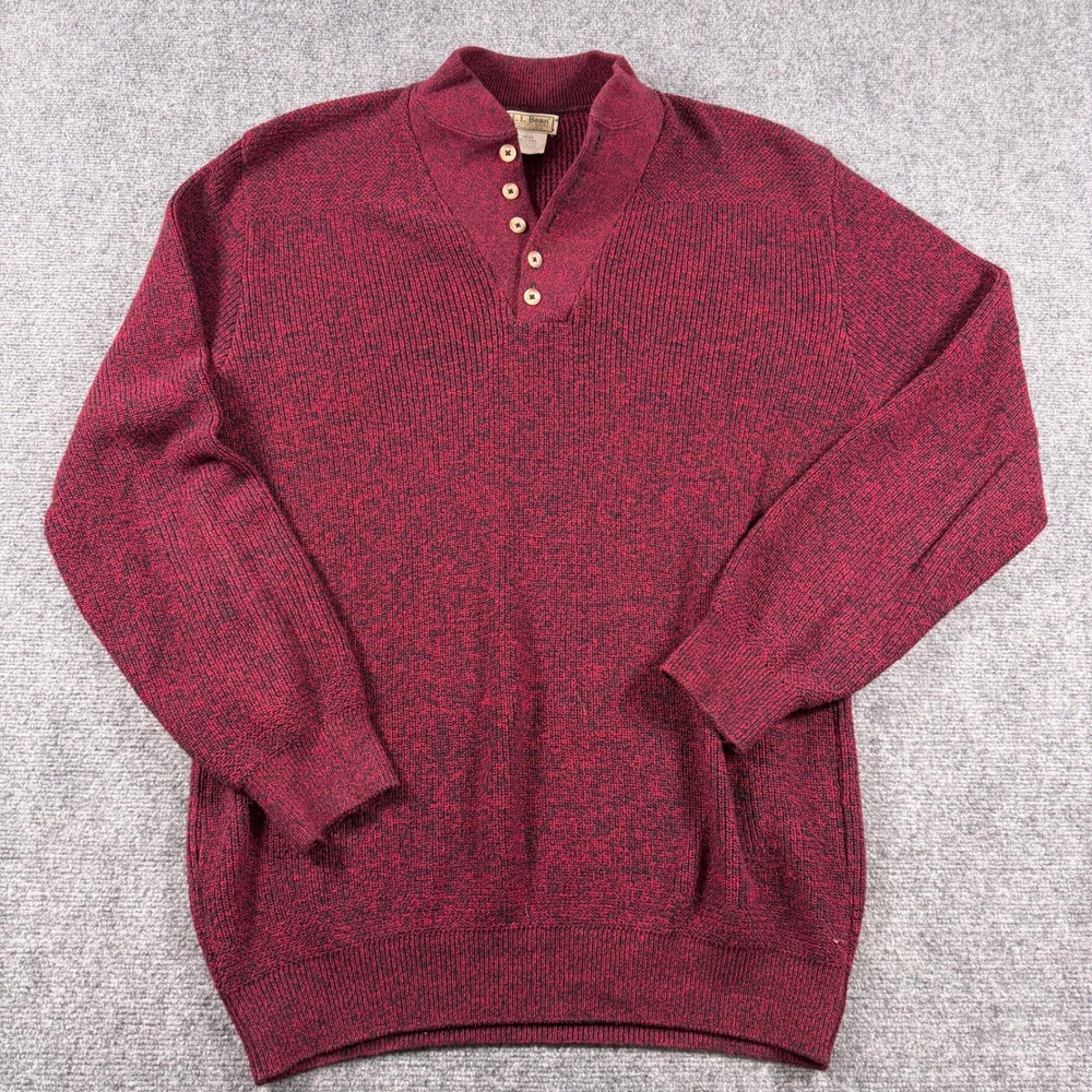 VTG L.L. Bean Henley Sweater Mens XL Long Burgundy Marled Cotton USA Pullover